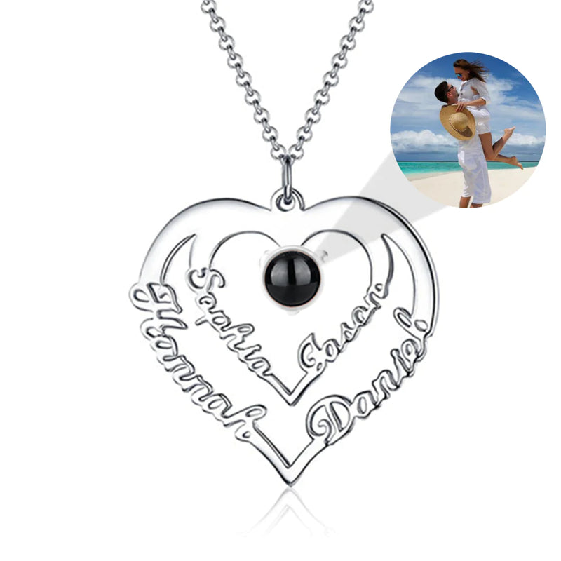 Personalized Heart Necklace with 4 Names & Custom Photo Projector Necklace