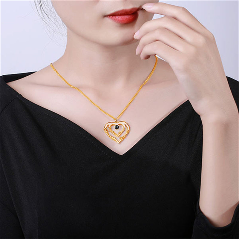 Personalized Heart Necklace with 4 Names & Custom Photo Projector Necklace