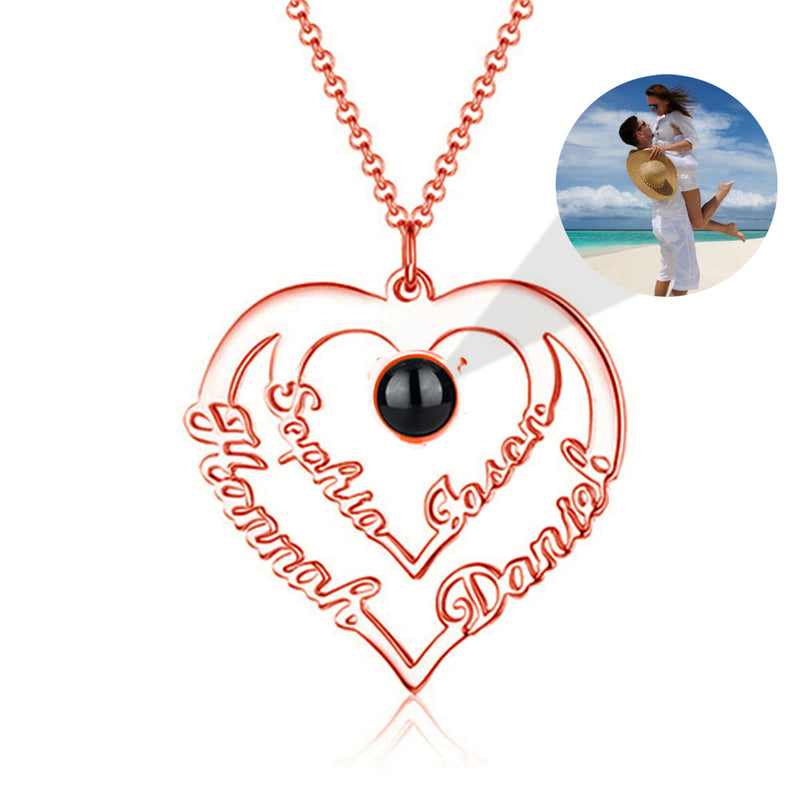Personalized Heart Necklace with 4 Names & Custom Photo Projector Necklace