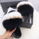 Ethel Anderson Fluffy Slippers Real FOX Fur Slides Indoor Flip Flops Casual Shoes Woman Raccoon Fur Sandals Vogue Plush Shoes