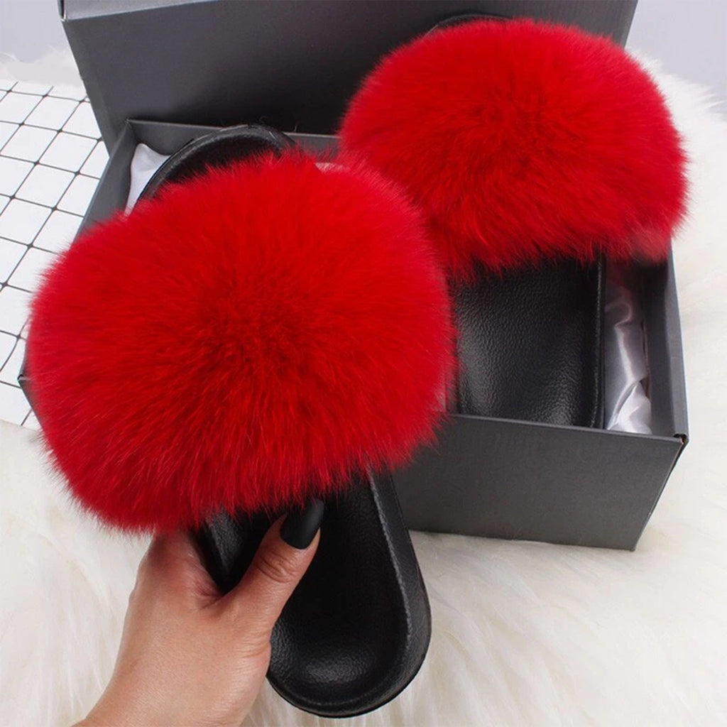 Red, White & Black Fur Slides, Sandals with Raccoon Fur