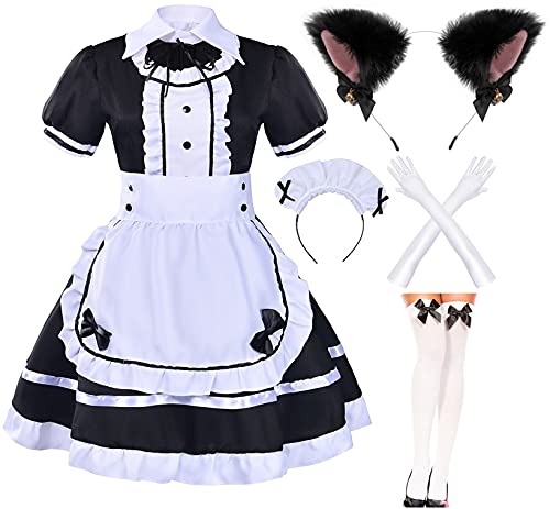 Japanese Anime Sissy Maid Dress Cosplay Sweet Classic Lolita Fancy Apron Maid Dress with Socks Gloves Set
