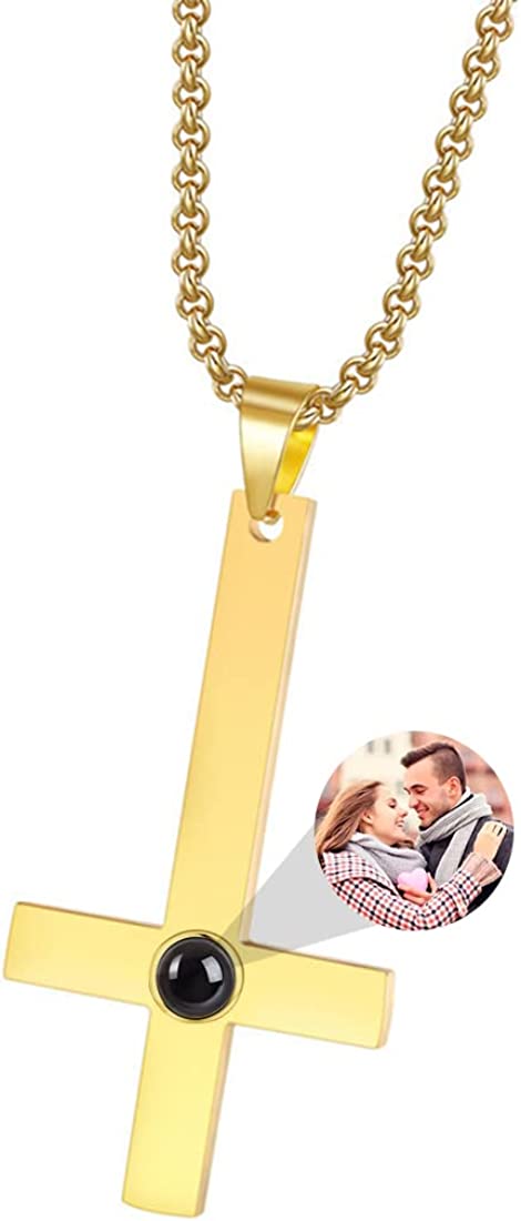 Personalized Photo Projection Necklace Engraved Picture Cross Necklace Pendant I Love You Necklace 100 Languages Custom Jewelry Gifts for Man Women