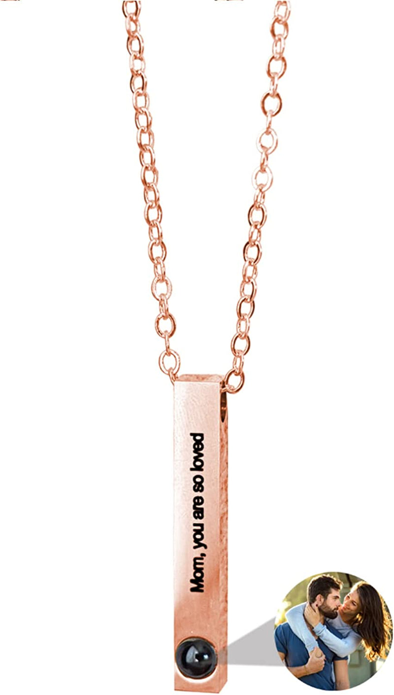 Custom Bar Photo Necklace for Men Women Projection I Love You Necklace 100 Languages Engraved Vertical Bar Picture Necklace