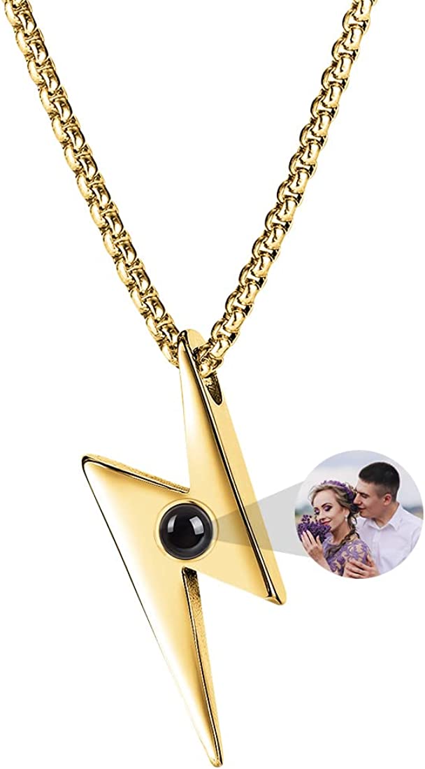 Personalized Photo Projection Necklace Engraved Picture Lightning Shape Necklace Pendant I Love You Necklace 100 Languages