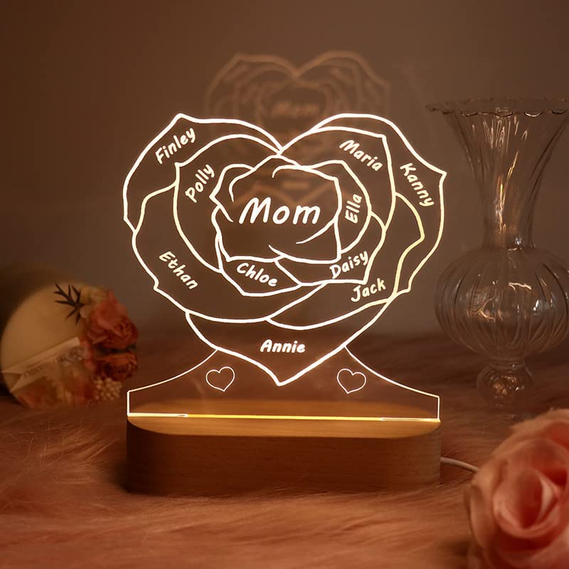 Personalized Heart Shaped Rose Light Glowing Custom Name Acrylic Lamp Desk Night Light Wooden Base Led Desk Decorative Lamp Gift for Mother's Day