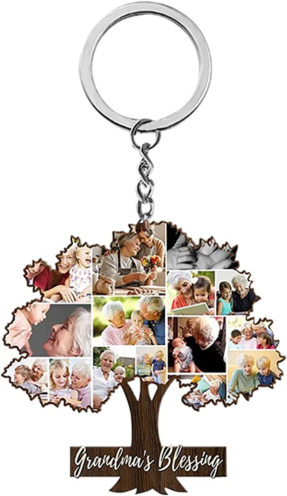 Personalized Family Tree Collage Keychain Grandma's Blessing Custom 1-15 Photos Acrylic Keyring for Birthday Anniversary