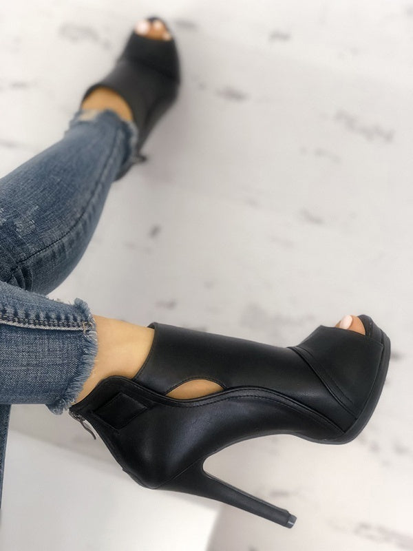 Black Peep Toe Cutout Thin Women PU Leather Stiletto Shoes Casual Heeled Platform Sandals Fashion Design Summer High Heel Shoes Women's Ankle Boots