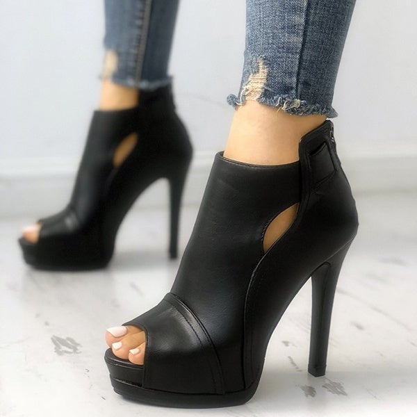 Black Peep Toe Cutout Thin Women PU Leather Stiletto Shoes Casual Heeled Platform Sandals Fashion Design Summer High Heel Shoes Women's Ankle Boots