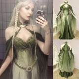 Women's Fashion Off Shoulder Slim Fit Medieval Renaissance Chiffon Patchwork Maxi Dress Sleeveless Cosplay Party V-neck Vintage Dress