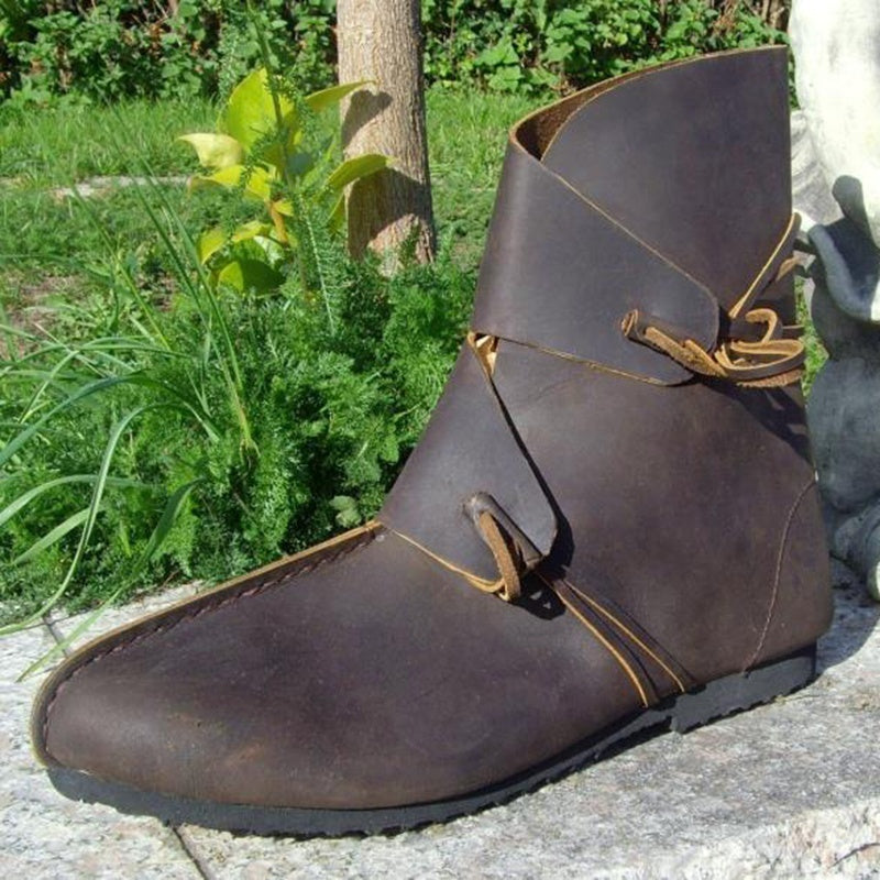 Men's Vintage Leather Viking Boots Medieval Short Boots Renaissance Retro Flat Gladiator Boots Mens Stage Reenactment Shoes Cosplay Pirate Boots