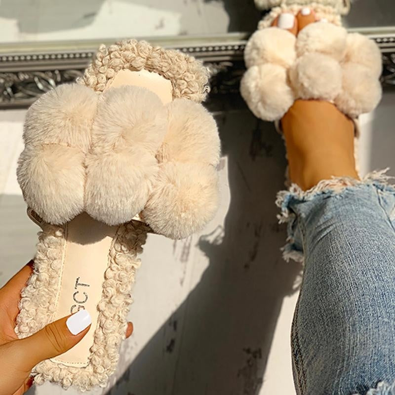 Fashion Women Villus Fluffy Casual Flat Sandals