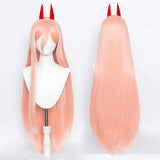 Long Straight Pink Wig for Power Chainsaw Man Cosplay Costume Hair with Horns Hairpin and Wig Cap