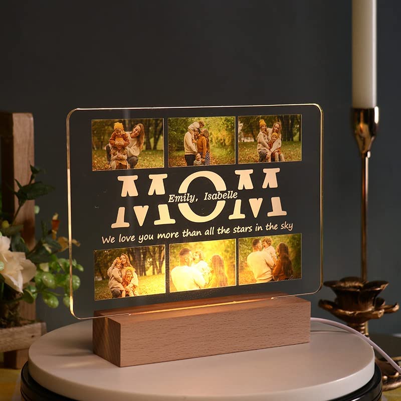 CustomText Photo Frame Desktop Lighting LED Light Transparent Acrylic Night Light Wooden Base Photo Light Gift for Mother's Day