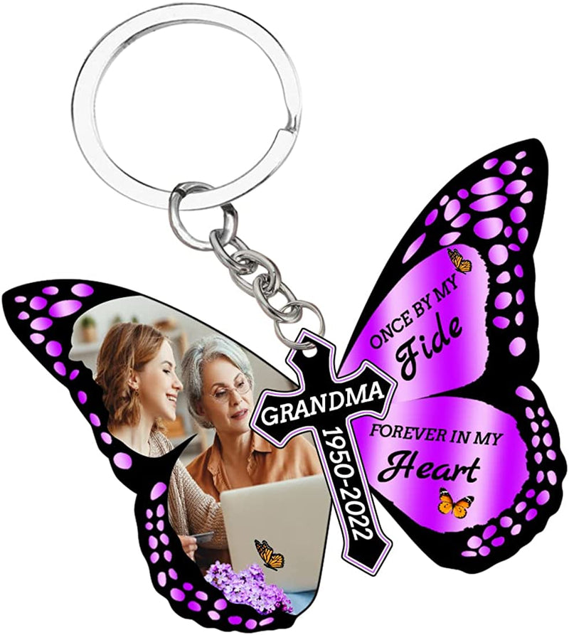 Custom Photo Butterfly Cross Keychain Charm Custom Text Memorial Keyring Forever In My Heart Memory Gifts