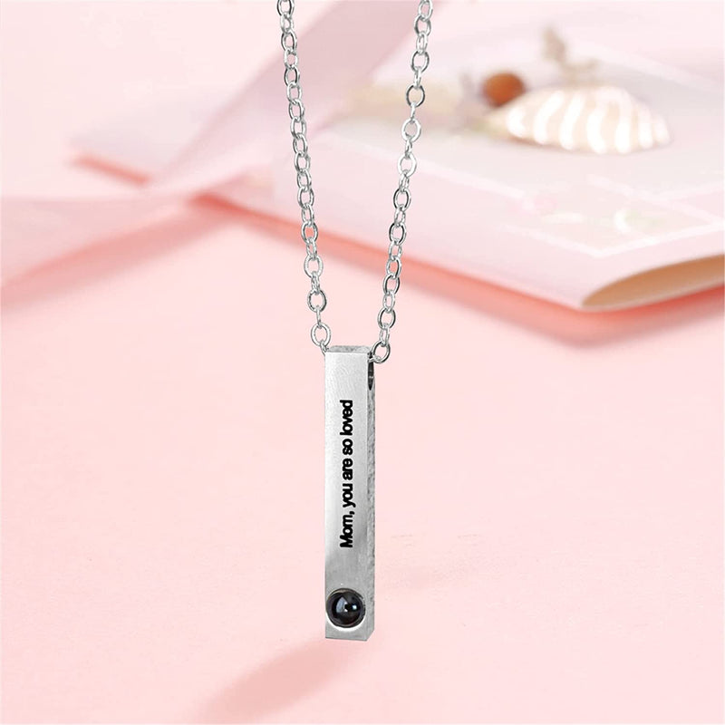 Custom Bar Photo Necklace for Men Women Projection I Love You Necklace 100 Languages Engraved Vertical Bar Picture Necklace