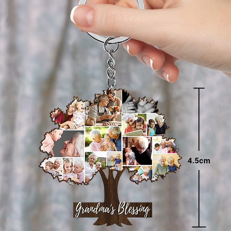 Personalized Family Tree Collage Keychain Grandma's Blessing Custom 1-15 Photos Acrylic Keyring for Birthday Anniversary