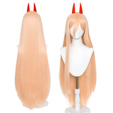 Long Straight Pink Wig for Power Chainsaw Man Cosplay Costume Hair with Horns Hairpin and Wig Cap