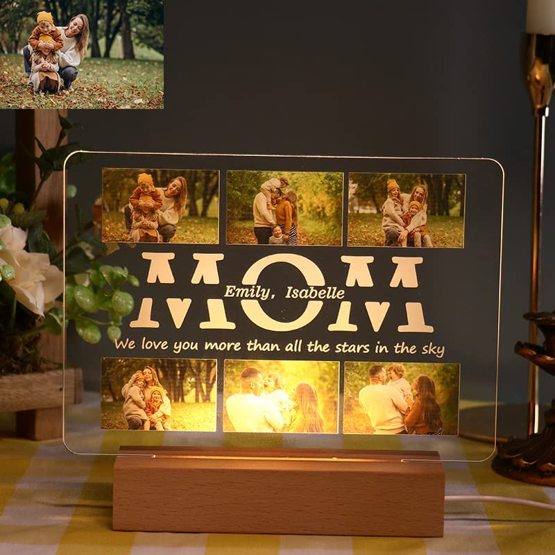 CustomText Photo Frame Desktop Lighting LED Light Transparent Acrylic Night Light Wooden Base Photo Light Gift for Mother's Day