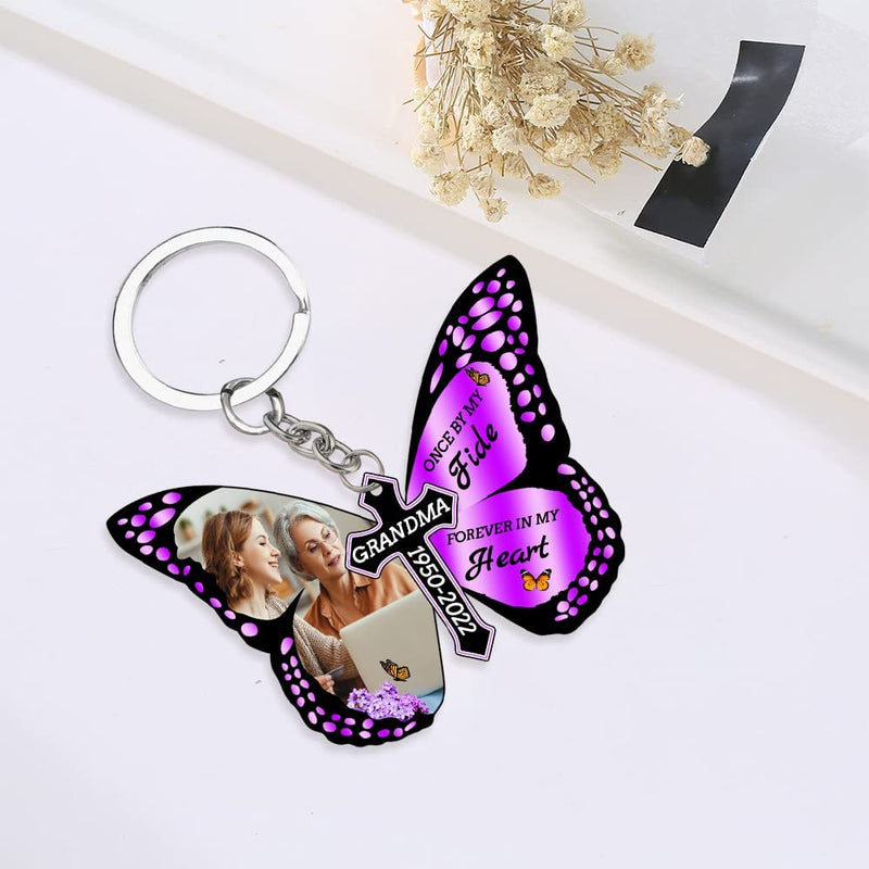 Custom Photo Butterfly Cross Keychain Charm Custom Text Memorial Keyring Forever In My Heart Memory Gifts