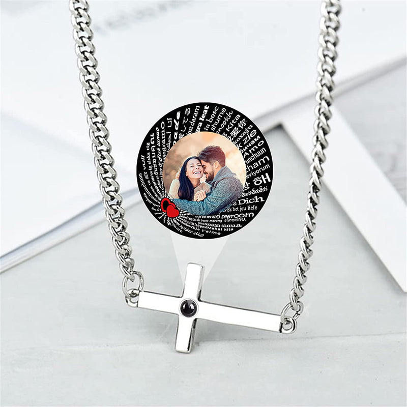 Custom Cross Photo Necklace for Men Women Personalized Picture Projection Necklace I Love You in 100 Languages for Birthday