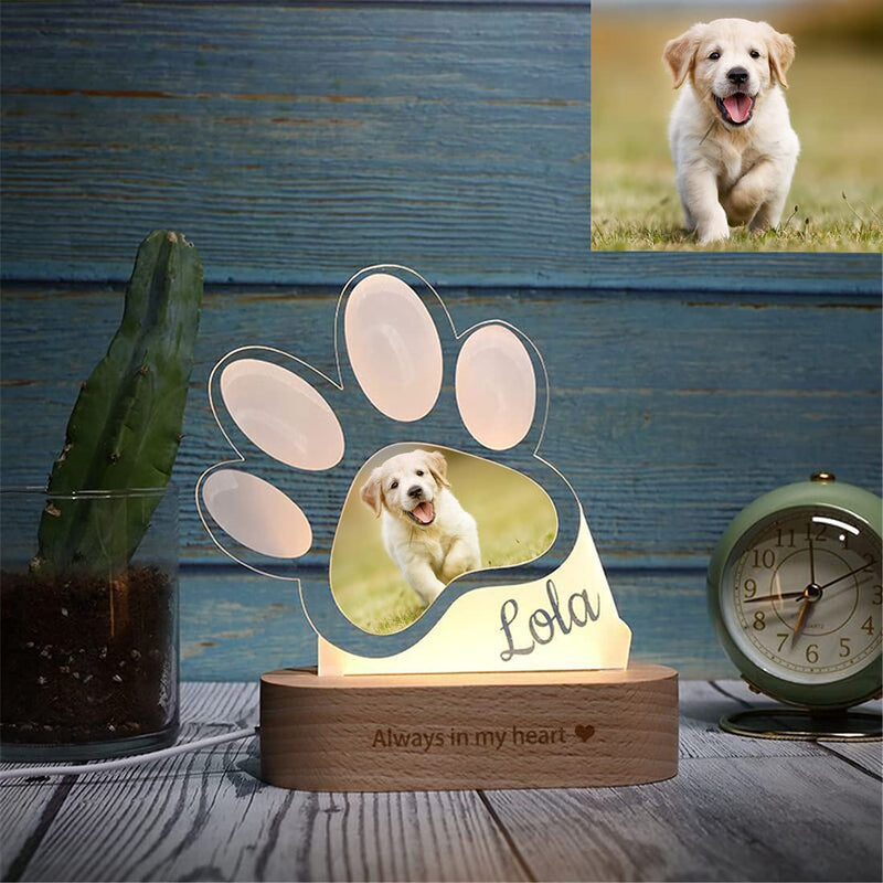 Paw Print Custom Night Light, Personalized Custom pet cat and Dog Photos, Acrylic Night Light