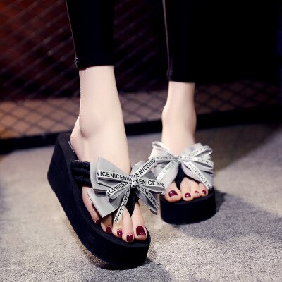 Bow Summer Woman Shoes Platform slippers Wedge Beach Flip Flops High Heel Slippers For Women Brand Super high Ladies Shoes 4504