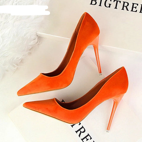 Fashion Women's High Heels Shallow Office Shoes New Arrival  Solid Flock Pointed Toe Women Pumps Super High Sexy Shoes 9 Colors